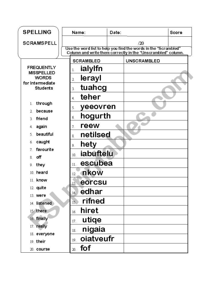 Worksheet featuring a spelling quiz for identifying misspelled words