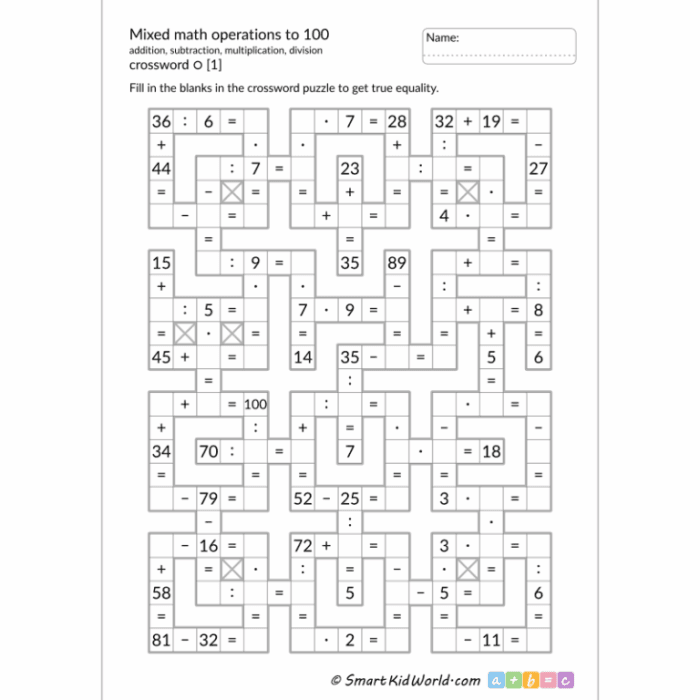 Mixed operations crossword puzzle worksheet for third-grade math practice