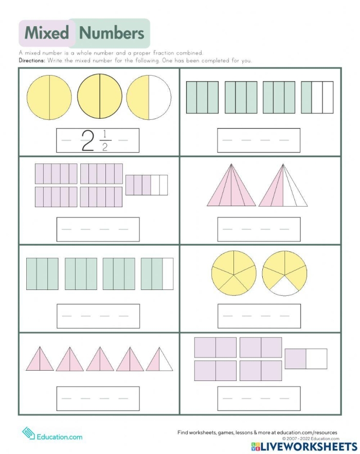 Practice identifying mixed numbers with this educational third grade algebra worksheet image 7 Third grade math worksheet featuring visual problems to help students identify and write mixed numbers