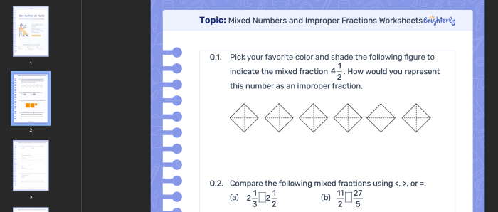 Mixed Numbers Practice Worksheet for Grade 3 Math Lesson 14 Third grade math worksheet featuring visual diagrams to help students identify and write mixed numbers