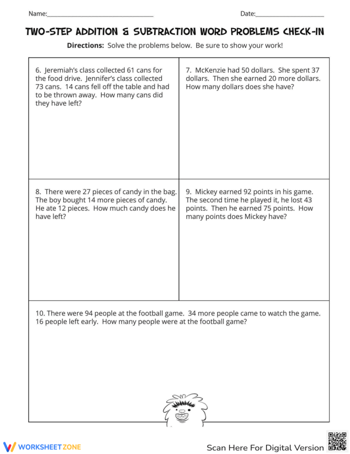 Worksheet featuring two-step addition and subtraction word problems for third graders