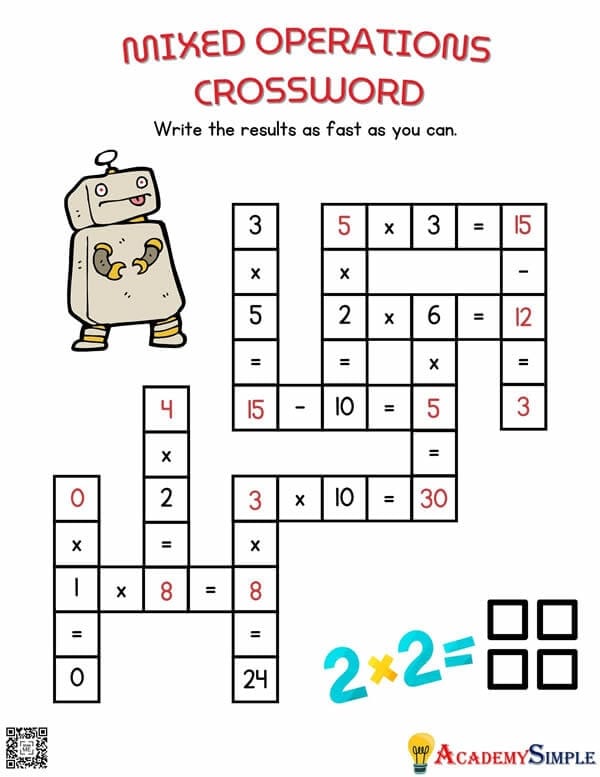 Math crossword puzzle worksheet for practicing mixed operations in third grade