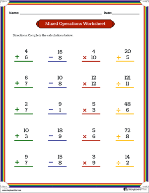 Mixed Operations math crossword puzzle worksheet for third graders