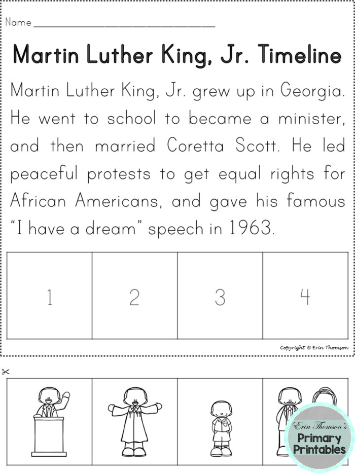 Third grade students arranging historical events in chronological order on a Martin Luther King Jr. timeline activity sheet