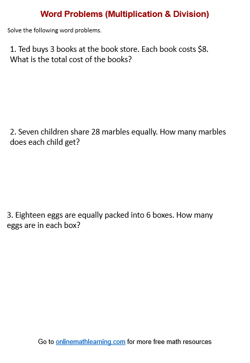 Third grade math worksheet featuring money themed multiplication word problems for classroom use