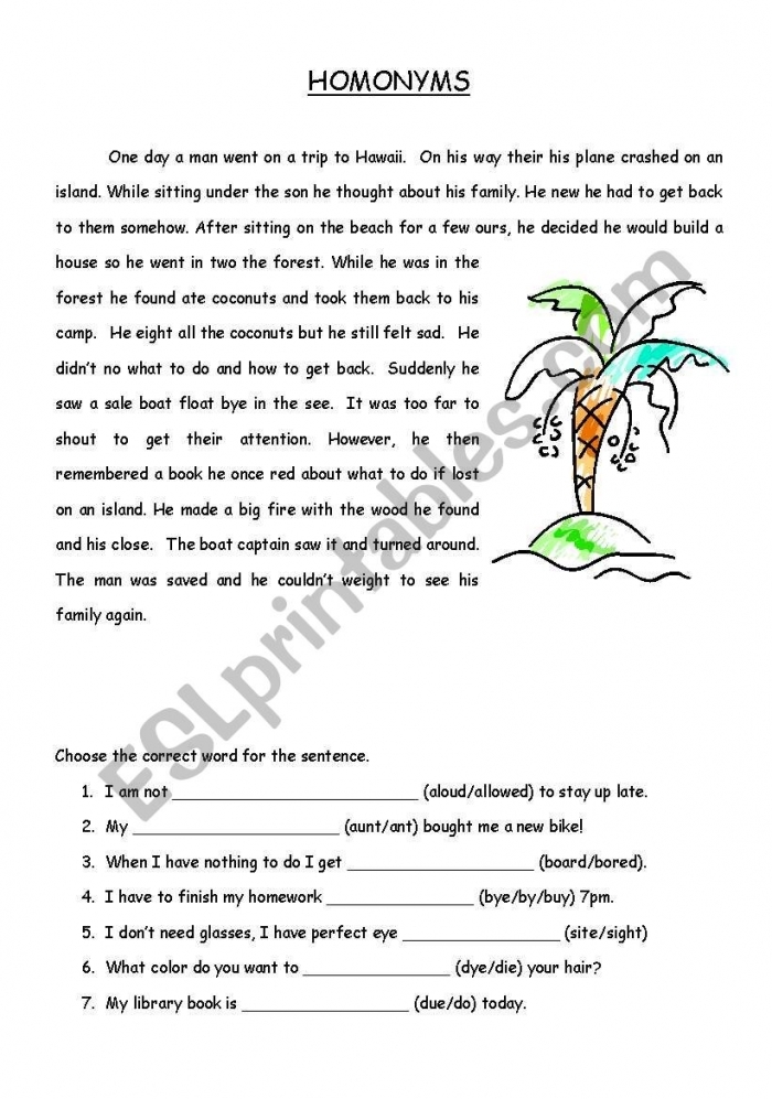 Homophone Story Worksheet featuring a fun monster narrative for third graders