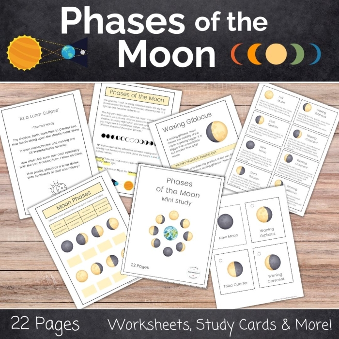 Third grade science worksheet featuring diagrams and explanations of lunar cycles for students