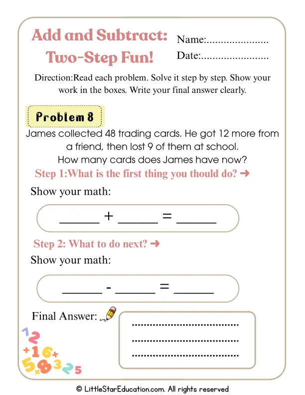 Stepping Through Addition and Subtraction Word Problems Practice Activity for Elementary Learners Third grade students solving multi-step word problems with addition and subtraction operations on a practice worksheet