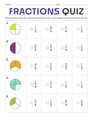 Fractions Quiz Worksheet Number 16 for Third Grade Math Third grade student completing a multiple choice fractions quiz worksheet