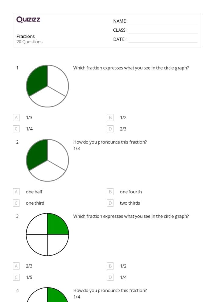 Fractions Quiz Worksheet for Third Grade Number 21 Third grade students completing a multiple choice fractions quiz worksheet