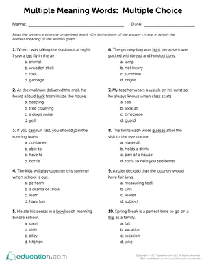 Multiple choice activity on homographs and their meanings Worksheet featuring multiple meaning words for third graders