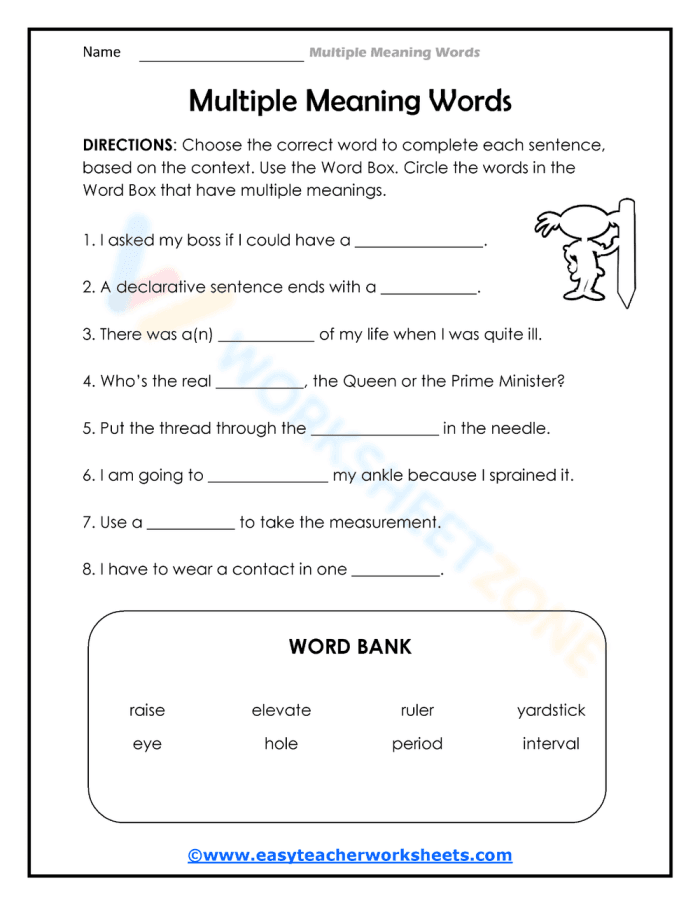 Multiple Meaning Words: Homographs Practice Worksheet for Grade 3 Worksheet for third graders on multiple meaning words using a multiple choice format