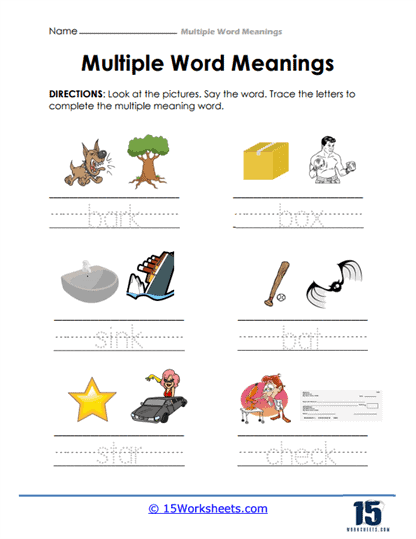 Third grade student completing a multiple meaning words worksheet with context clues