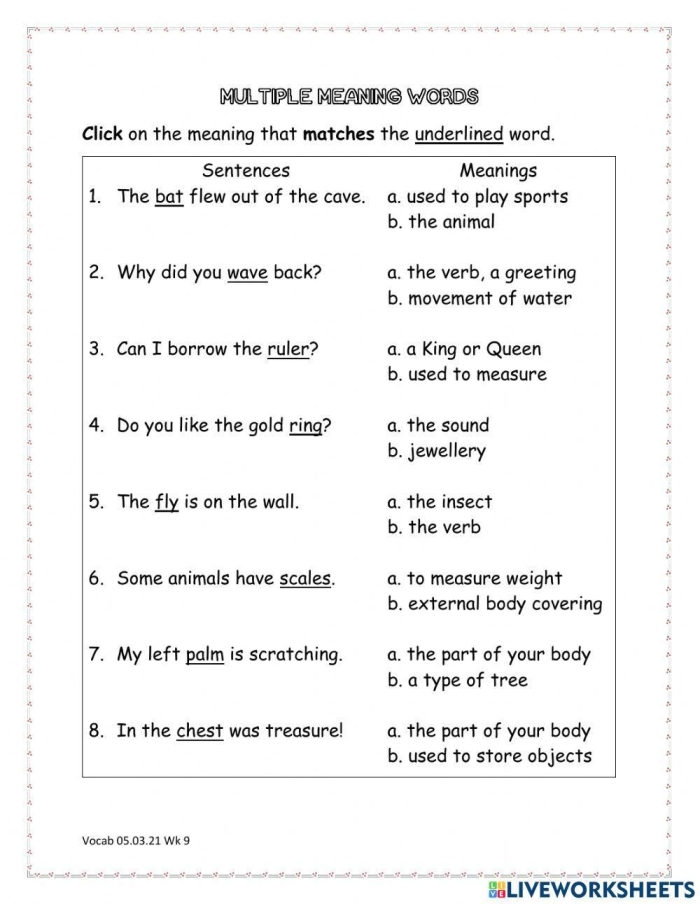 Worksheet featuring multiple meaning words for third graders using context clues