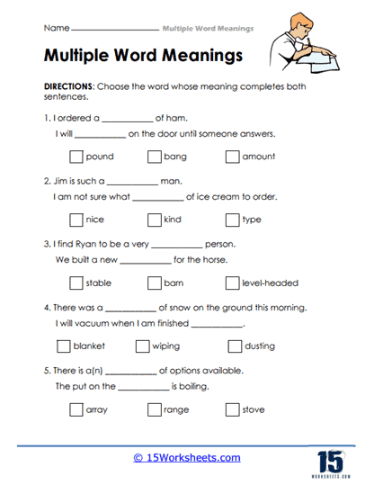 Worksheet featuring multiple meaning words for third graders practicing homonyms
