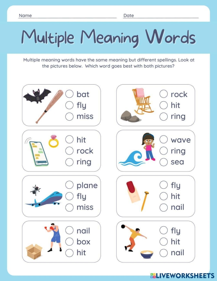 Matching worksheet for multiple meaning words aimed at third graders Worksheet featuring multiple meaning words for matching activities in third grade reading