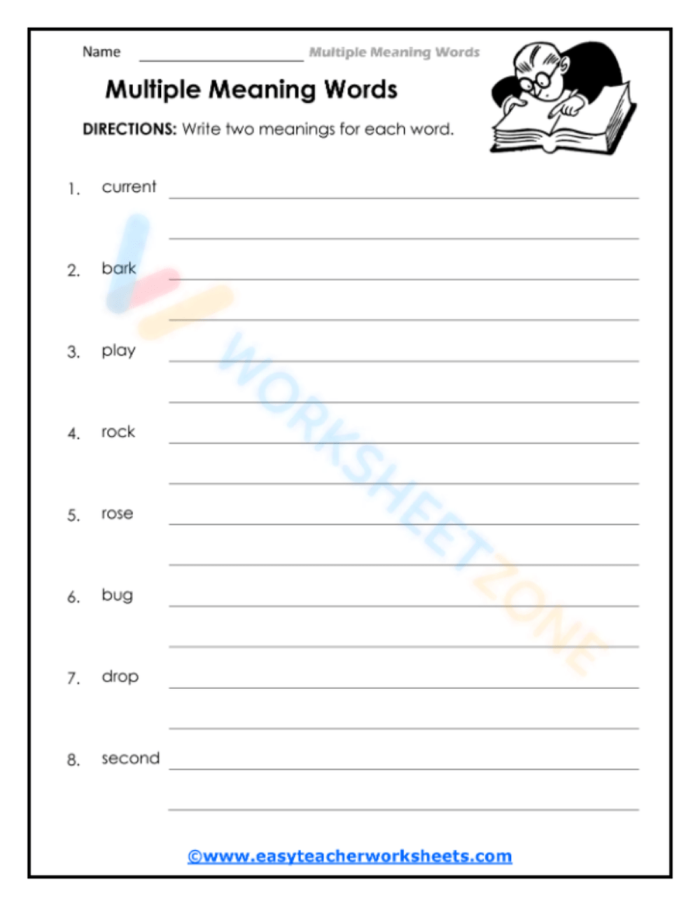 Matching activity for understanding vocabulary nuances Worksheet featuring multiple meaning words for third graders