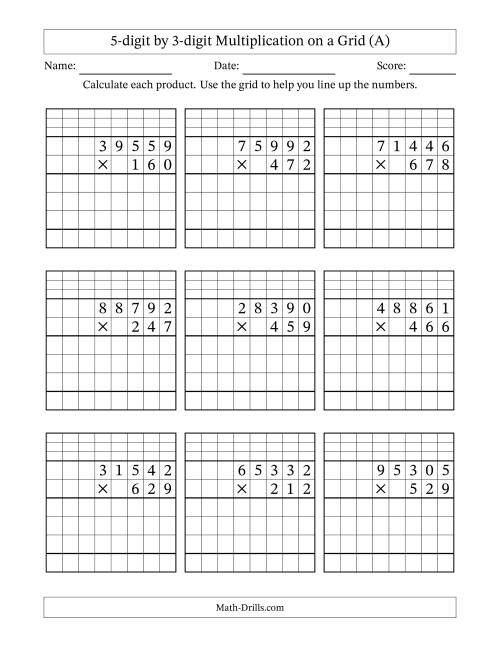 Third grade students working on a multiplying by five math worksheet, solving equations and filling in a multiplication chart. Engaging multiplication worksheet for third graders focused on the number five.