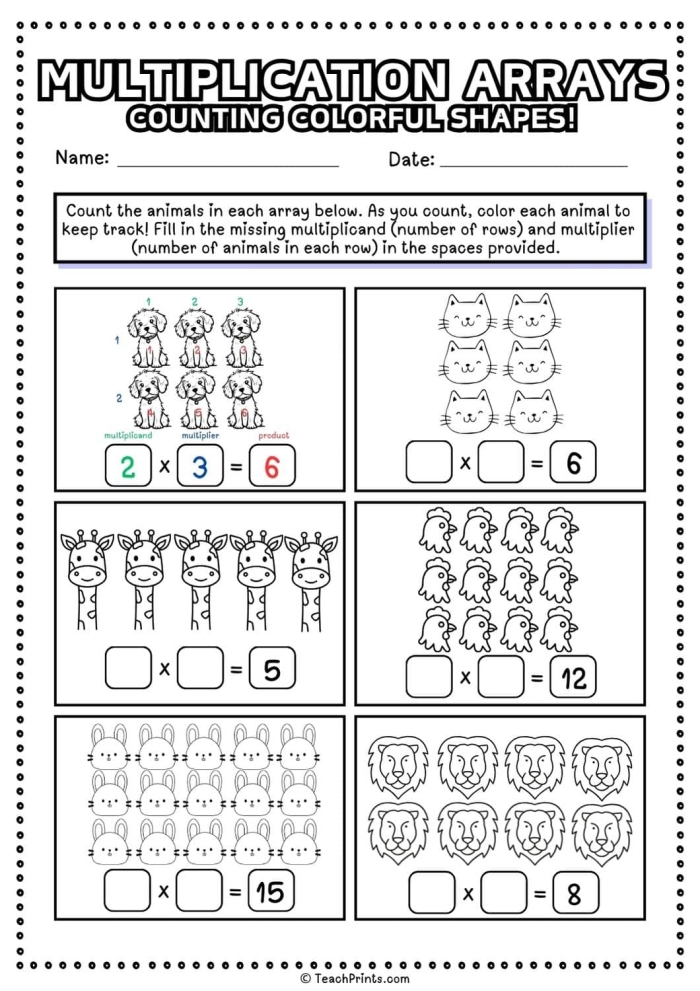 Third grade worksheet showing multiple choice arrays matched to multiplication equations for place value practice
