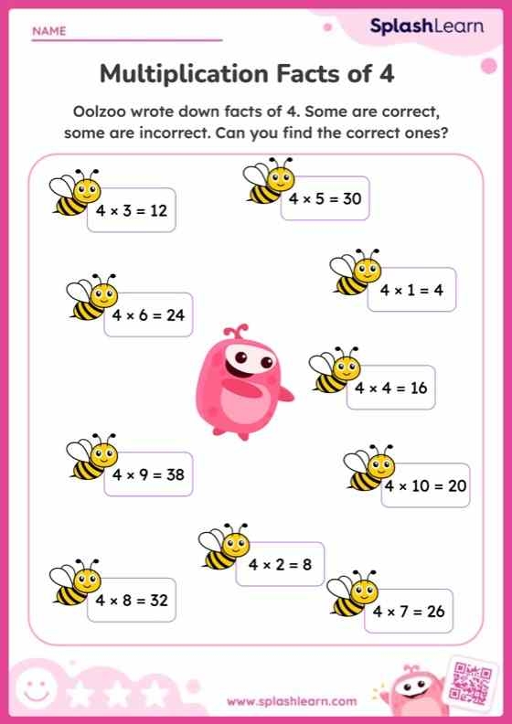 Third grade student completing a multiplying by four math worksheet with a multiplication chart
