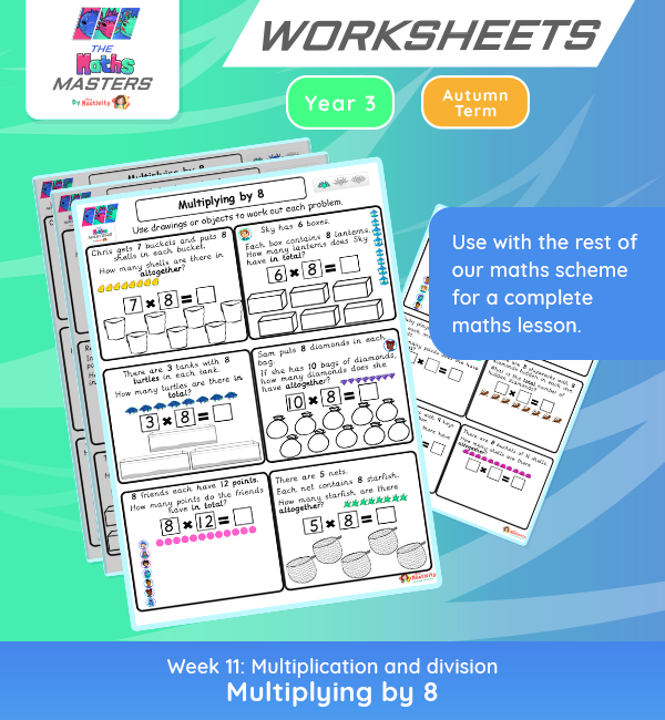 Third grade student working on a multiplying by eight math worksheet and completing a number 8 multiplication chart