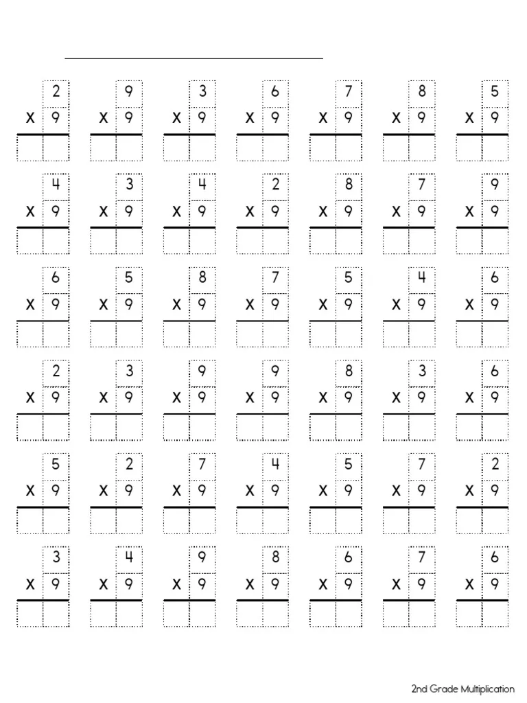 Third grade student completing a math worksheet focused on multiplying by nine practice problems