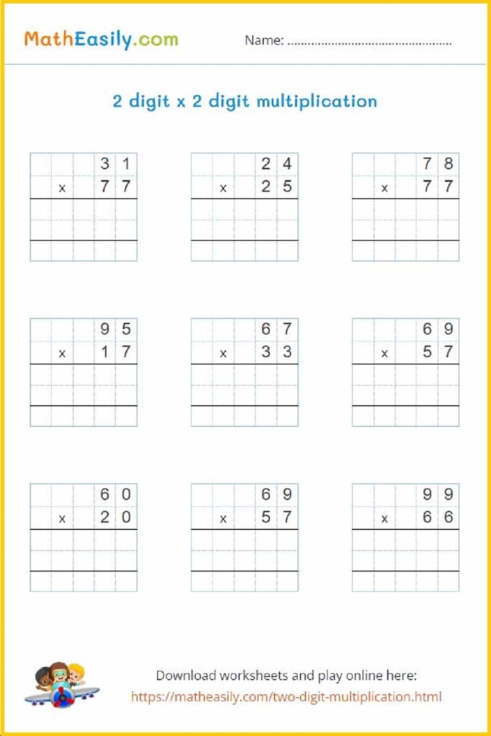 Kids working on a third grade worksheet that focuses on multiplying by 2 and completing a multiplication chart. Engaging third grade math activity featuring multiplication by two equations and a chart.