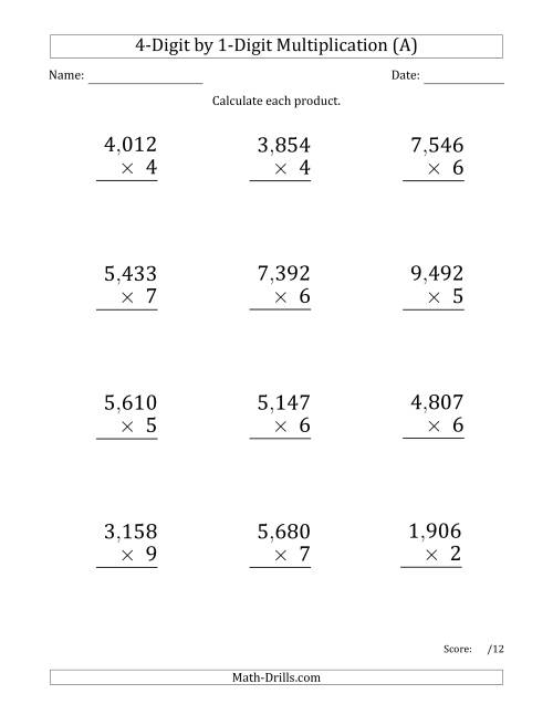 Students working on a third grade worksheet focused on multiplying by four and completing a multiplication chart. Third grade multiplication worksheet featuring equations and a chart for the number 4.