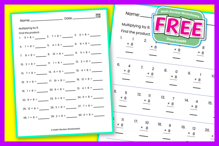 Students working on a third grade math worksheet focused on multiplying by 8 and completing a multiplication chart. Third grade multiplication worksheet featuring exercises on the number 8.