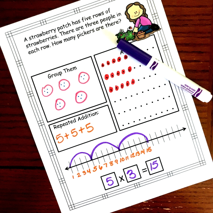 Third grade student completing a Multiplication Word Problems Check-In worksheet on basic math skills