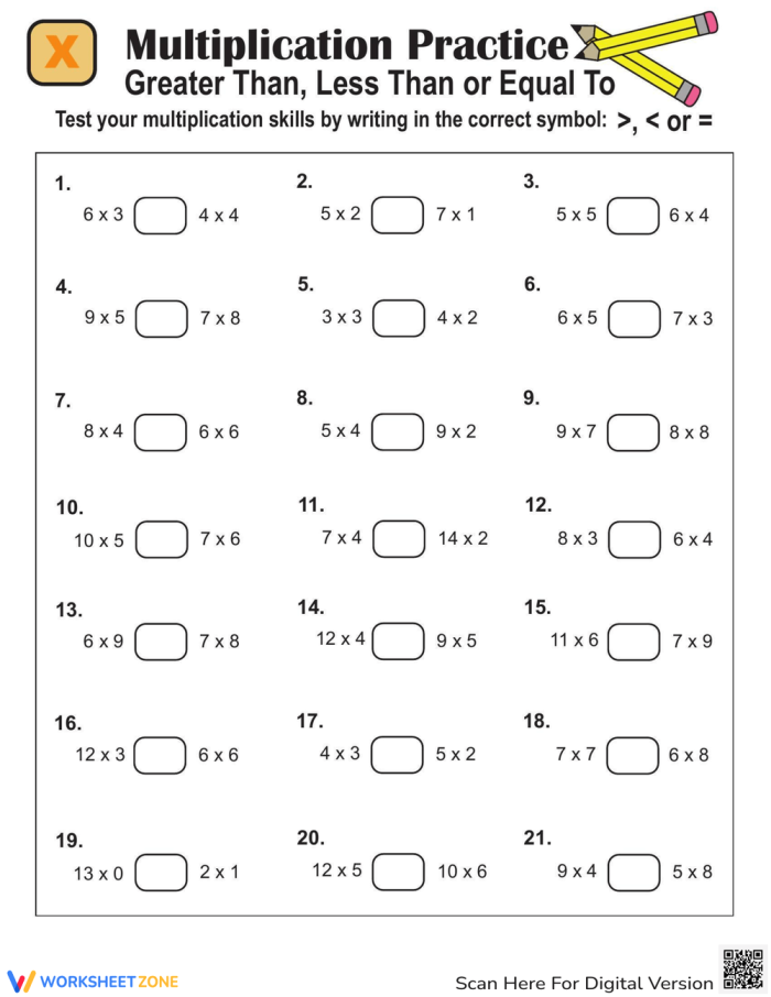 Multiplication and Comparison Practice Exercise 6 for Elementary Learners Third grade multiplication comparison worksheet showing equations for students to determine which has the greater value