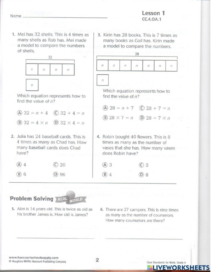 Multiplication and Comparison Worksheet Eleven for Third Grade Math Third grade students comparing the values of multiplication equations on a practice worksheet
