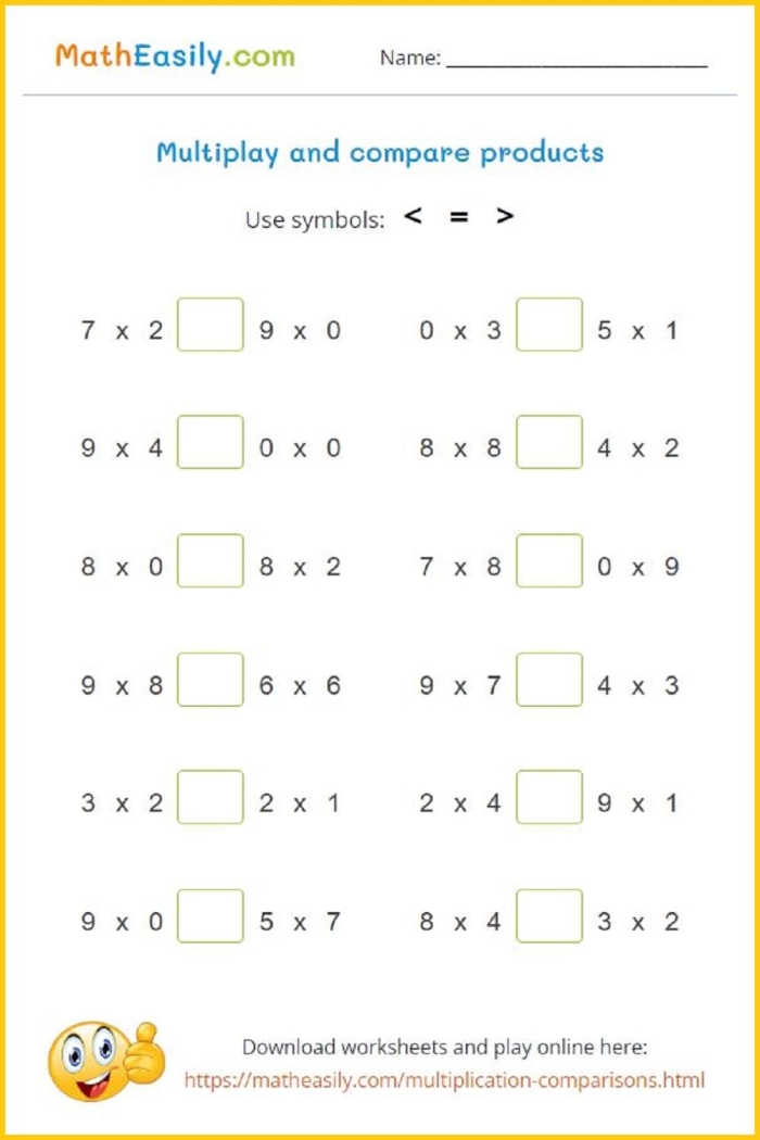 Multiplication and Comparison Practice 16 for Elementary Math Skills Third grade multiplication comparison worksheet showing equations with greater than and less than symbols for students to solve