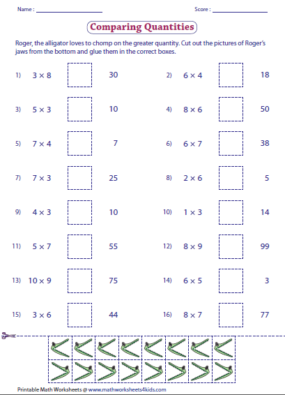 Multiplication and Comparison Worksheet Number 9 Third grade students comparing the values of multiplication equations on a practice worksheet
