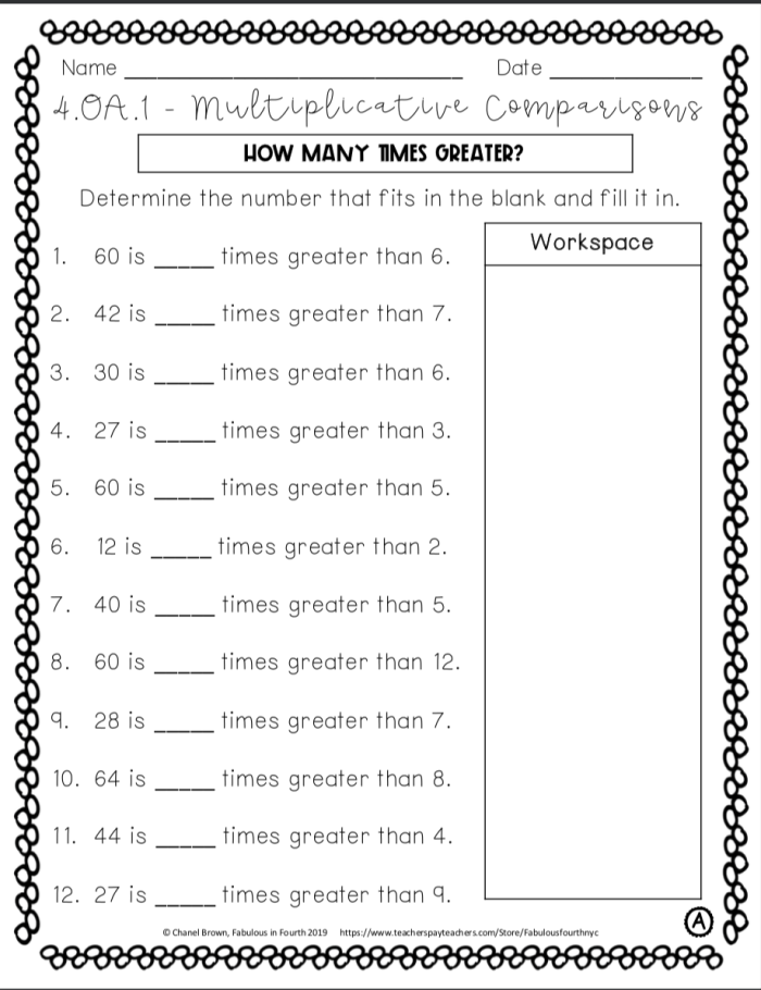 Multiplication and Comparison Practice Worksheet 13 for Elementary Learners Third grade multiplication comparison worksheet showing equations to determine which has the greater value using multiplication skills