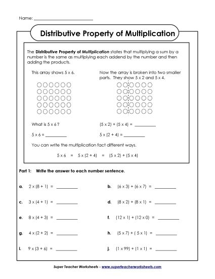 Engaging multiplication and distributive property practice for young learners Third grade worksheet demonstrating the distributive property in multiplication