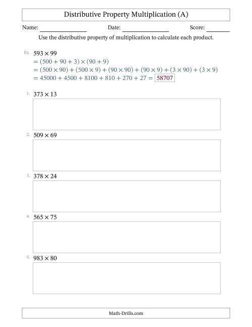 Multiplication and the Distributive Property practice sheet for young learners A third-grade worksheet illustrating the distributive property in multiplication