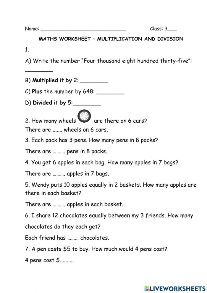 Third grade students collaborating on a multiplication and division word problems worksheet