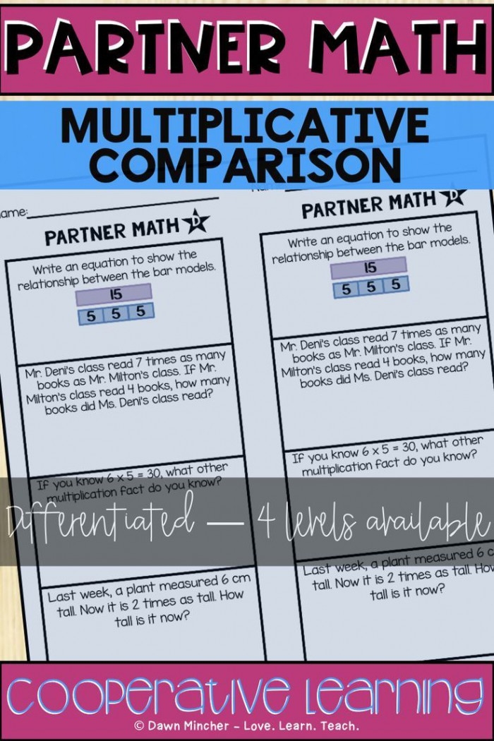 Third grade students collaborating on a multiplication and division word problems worksheet