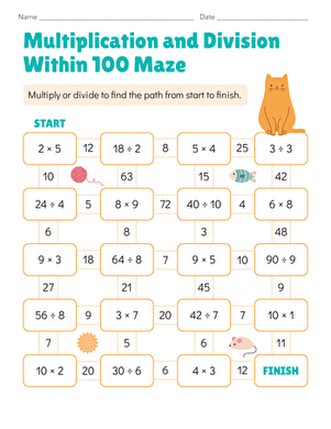 Navigate through the maze while practicing multiplication and division skills Multiplication and division maze worksheet for third graders to explore