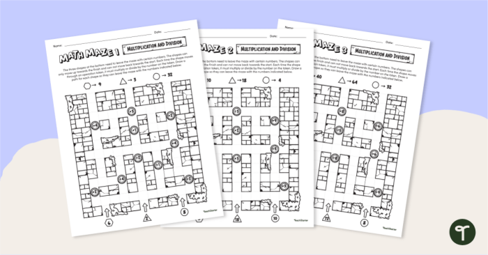 Engaging maze to navigate while solving multiplication and division problems Multiplication and division maze worksheet for third graders to practice skills within 100