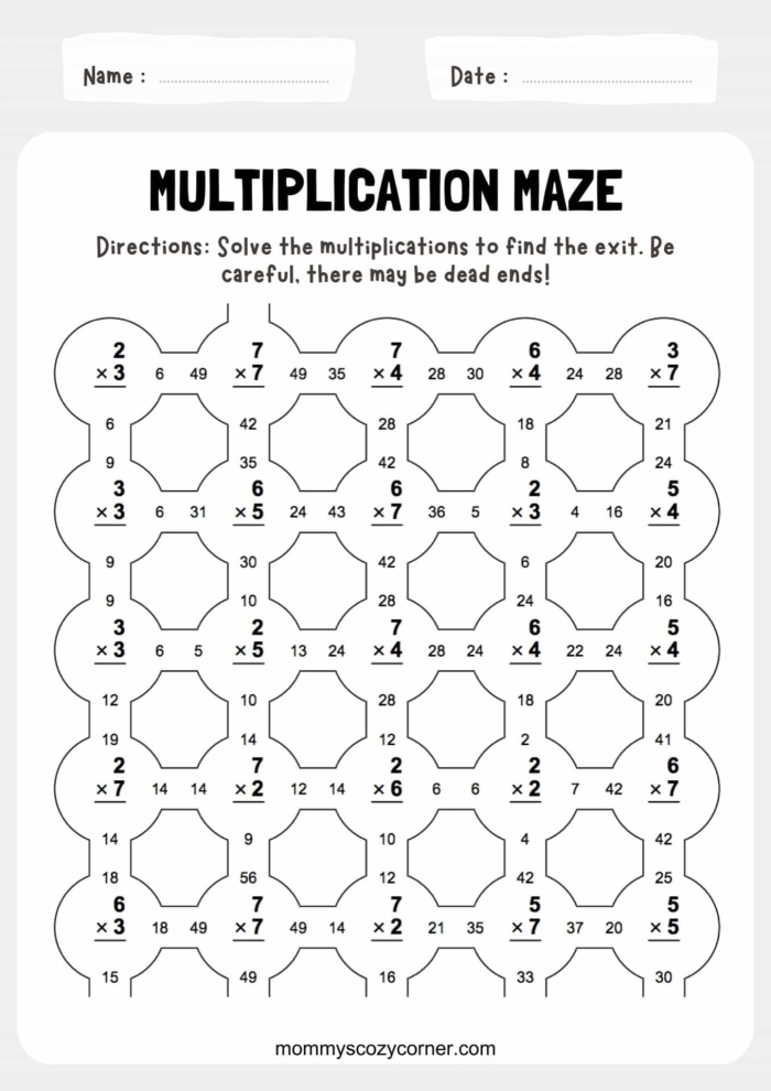 Navigate through the maze to practice math skills within 100 Multiplication and division maze worksheet designed for third graders