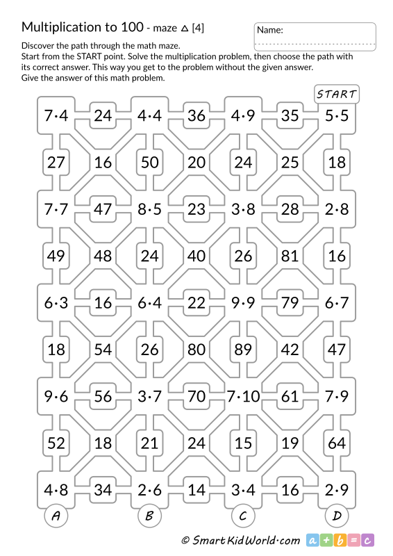 Navigate through the maze to practice multiplication and division skills Multiplication and division maze worksheet for third graders focusing on numbers within 100