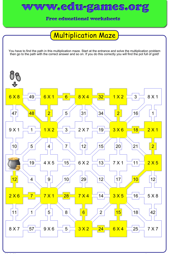 Navigate through the maze while solving multiplication and division problems Multiplication and division maze worksheet for third graders to practice skills within 100