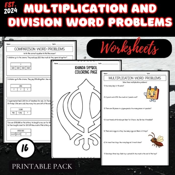 Third grade multiplication and division word problems practice worksheet for students