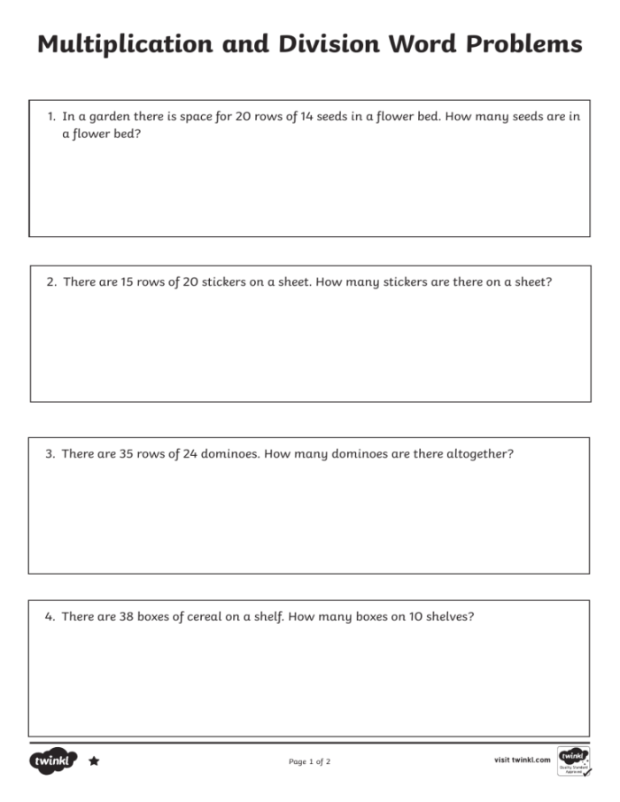 Third grade worksheet focused on multiplication and division word problems practice