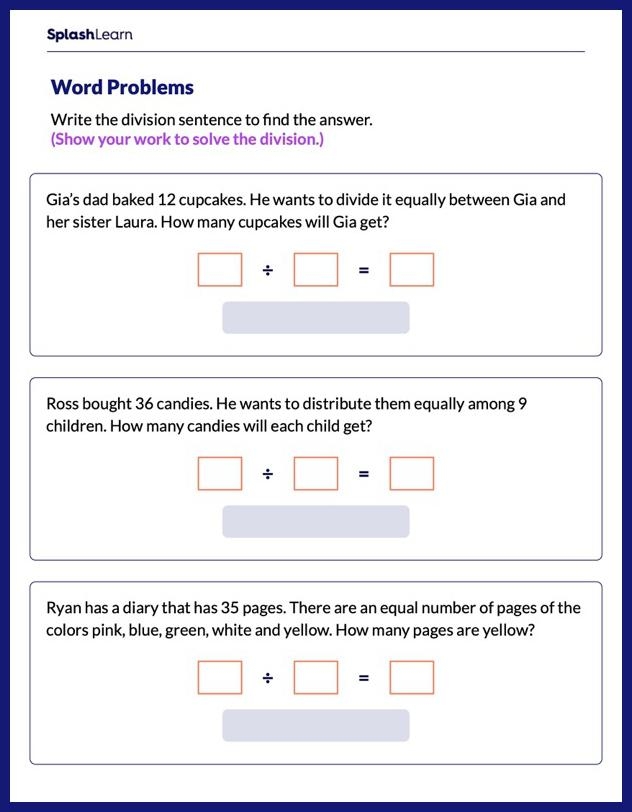Third grade student solving multiplication and division word problems on a printable worksheet