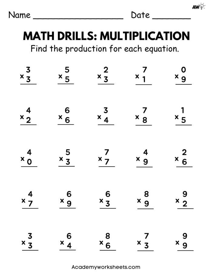 Multiplication Facts Check-Up worksheet for third graders assessing factors up to 10