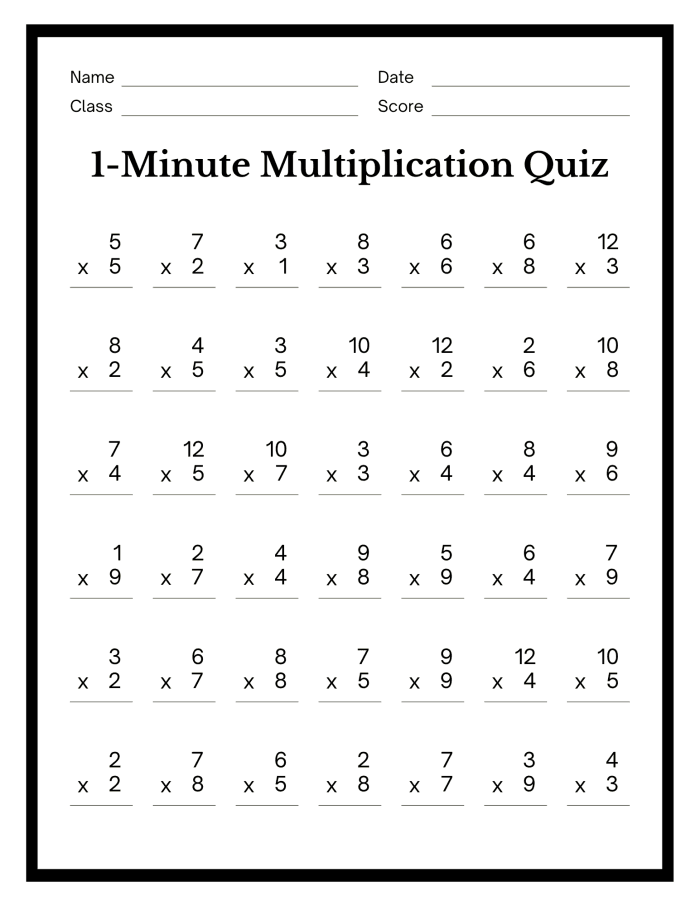 Third grade student solving 1 Minute Math multiplication worksheet 14