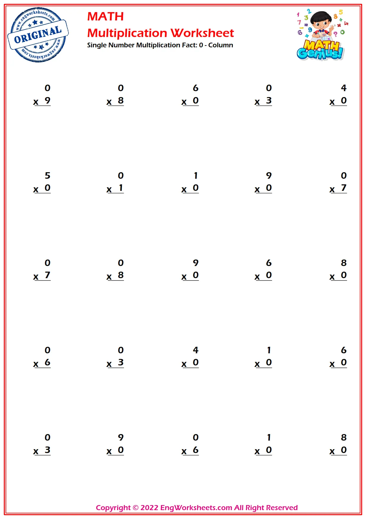 Multiplication Facts Check-Up worksheet for third graders to practice factors up to 10